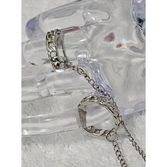 Silver-Tone Double Ring (size 8) Chain Finger Bracelet 7" Polished Metal Links - Picture 2 of 8